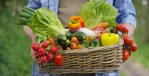 Mann hält Korb mit Obst und Gemüse