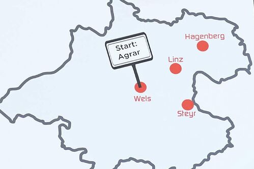 Karte von OÖ mit den Standorten der FH OÖ, beim Standort Wels ein Schild mit der Aufschrift Start: Agrar
