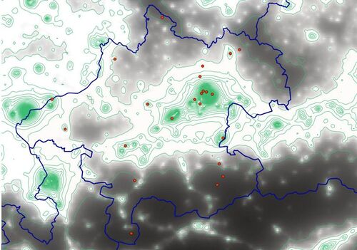 Karte von Oberösterreich, dunkle Teile mit wenig Lichtverschmutzung