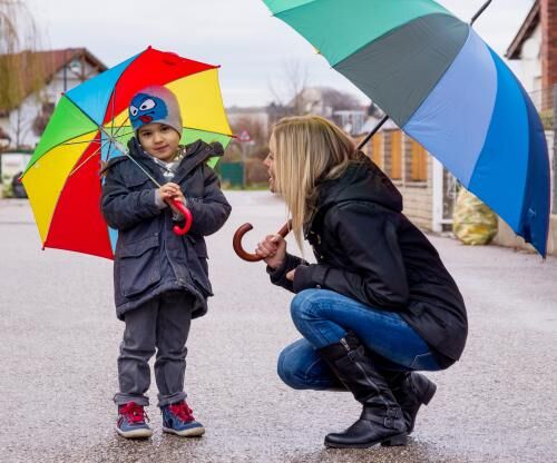 Mutter und Kind mit Regenschirm