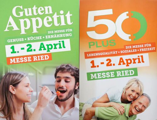 Rollups mit den Aufschriften „Guten Appetit“ und „50 Plus“ 1. – 2. April Messe Ried
