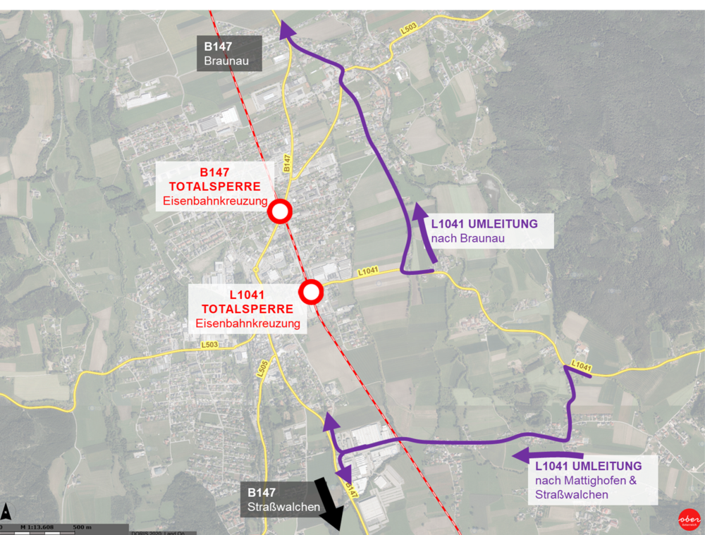 Umleitungsplan für Totalsperren der Eisenbahnkreuzungen in Mattighofen