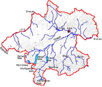 Oberösterreich-Karte auf die die Flüsse und Seen eingezeichnet sind 