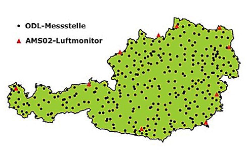 Österreichkarte mit eingezeichneten ODL-und Luftmessstationen