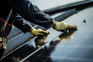 Bauarbeiter betrachtet Solarstromspeicher 