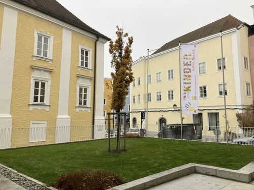 Kinderrechtefahne vor der Bezirkshauptmannschaft Schärding Kinderrechtefahne vor der Bezirkshauptmannschaft Schärding