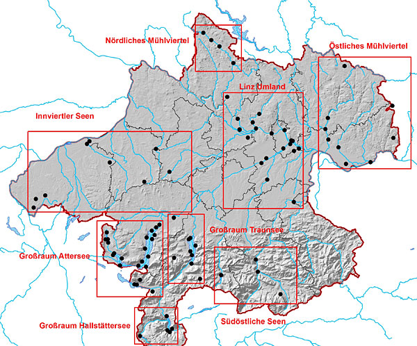 Landkarte von Oberösterreich mit den Badestellen
