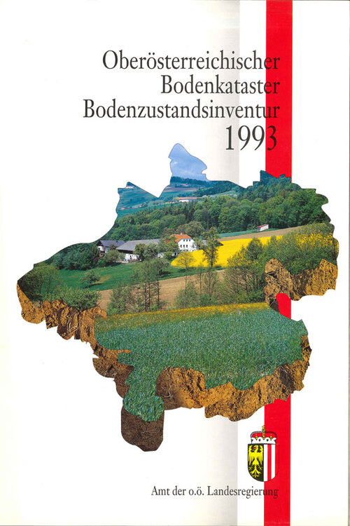 Bundesland OÖ hinterlegt mit Landschaftsbild und Text Oö. Bodenzustandsinventur 1993 mit Oö. Logo