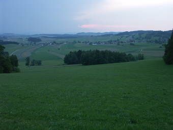 Hervorragender Aussichtsplatz bei Grünbach: Blick über die typische Waldhufenflur von Lichtenau; 14.6.2005