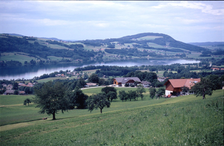 Blick von Lindau über den Irrsee (benachbarte Raumeinheit Attersee-Mondsee-Becken) auf den breiten Flyschrücken des Kolomannsberges