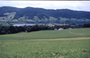 Blick von Lindau über den Irrsee (benachbarte Raumeinheit Attersee-Mondsee-Becken) auf den Kolomannsberg: Kuppenbereiche dicht bewaldet (Untereinheit Geschlossenes Waldgebiet der Flyschberge), Unterhänge mit zahlreichen Grünlandbuchten und starker Glieder