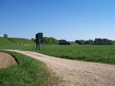 Landschaft der Niederterrasse mit Buchenwäldern, Forsten und Weiden auf der Terrassenkante bei Bruck im Holz