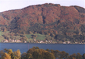 Bewaldete Flyschberge und Kulturlandschaft mit dem Attersee im Vordergrund 