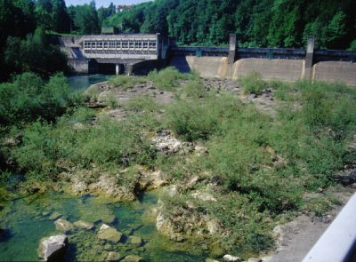 Kraftwerk im Bereich der Untereinheit Engtal mit teilweise naturnahem Unterwasserbereich 