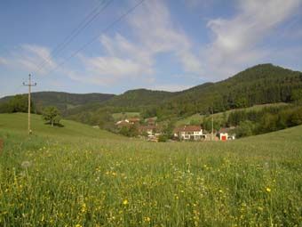 Blick über die Lamm auf über 800 m hohe, waldreiche Ausläufer des Helmetzedter Berges bei Ottenschlag; laubholzreiche Mischwälder.