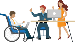 Ein Mann im Rollstuhl analysiert und bespricht mit zwei weiteren Personen einen Bericht am Laptop.