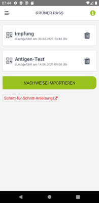 MeinOÖ App: Listeansicht der importierten 3-G-Nachweise in der App