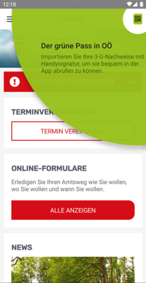 MeinOÖ App: Anzeige des Grünen Passes in der Kopfleiste
