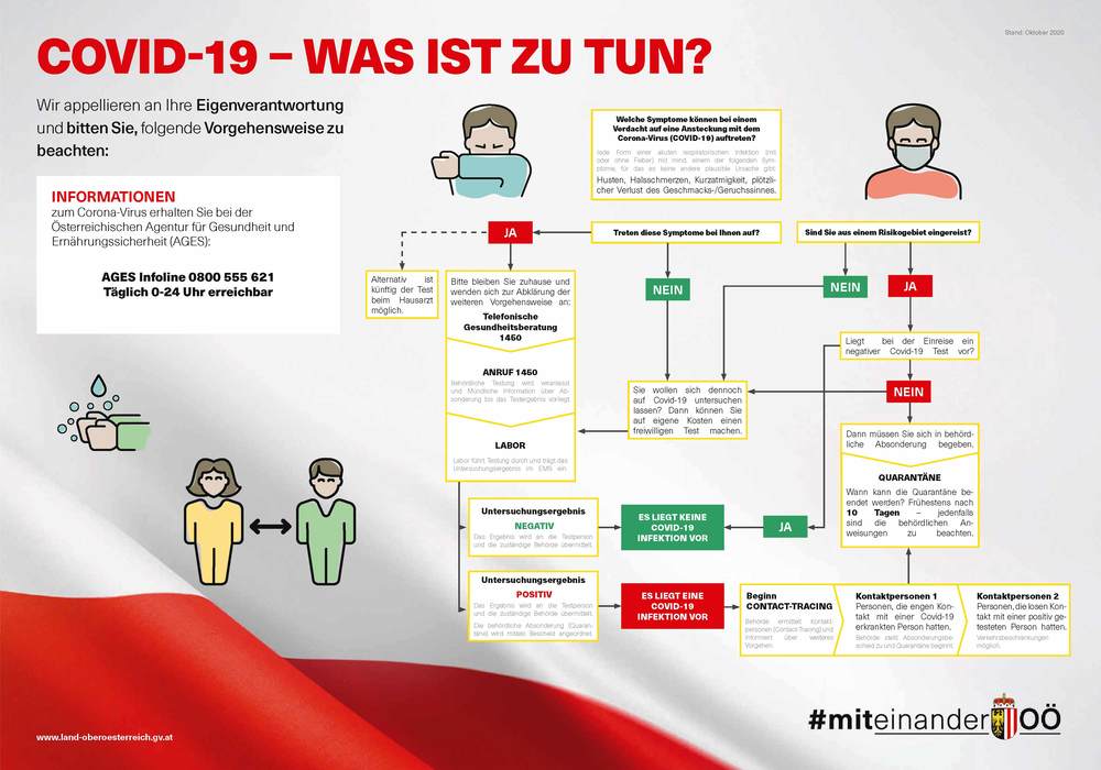 Bild vergrößern: Plakat mit Anleitung zum Umgang mit Erkältungssymptomen und der Aufschrift Covid-19 Was ist zu tun? Plakat mit Anleitung zum Umgang mit Erkältungssymptomen und der Aufschrift Covid-19 Was ist zu tun?