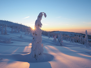 Tief verschneite Winterlandschaft bei Sonnenaufgang