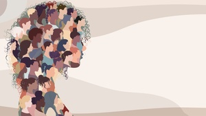 Gruppe von Frauen und Mädchen unterschiedlicher Kulturen, die einen Frauenkopf im Profil bilden