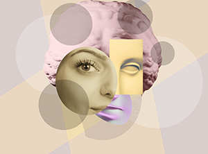 Collage mit antiken Statuenkopf im surrealen Stil.