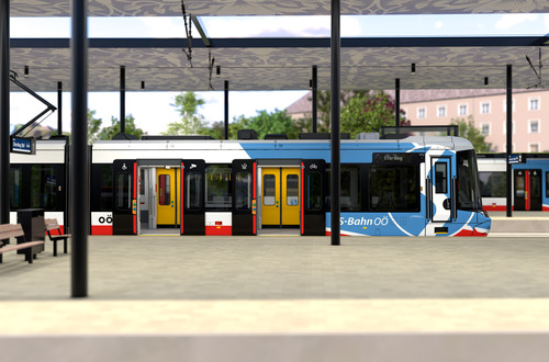 TramTrain-Fahrzeug am Nahverkehrsknoten. 