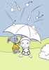 Illustration eines Kindes und eines Hasen, dieser hält einen Regenschirm schützend über das Kind, Bomben und Granaten fallen herab