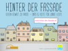 Sujet zur Aktion, illustrierte Häuser in einer engen Reihe, Beschriftung „Hinter der Fassade“, gegen Gewalt zu Hause, Info und Hilfe für junge Leute