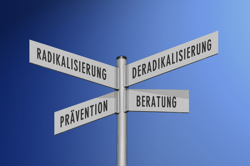 Wegweiser zeigt in verschiedene Richtungen, Beschriftung: Radikalisierung, Deradikalisierung, Prävention, Beratung