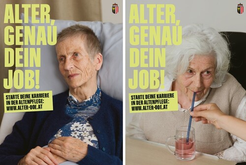 Zwei Sujets der Kampagne Alter, genau dein Job: Eine alte Frau liegt in einem Pflegebett, und eine alte Frau beim Trinken aus einem Glas.