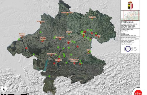 Landkarte von Oberösterreich, Altlasten grafisch als Punkte dargestellt