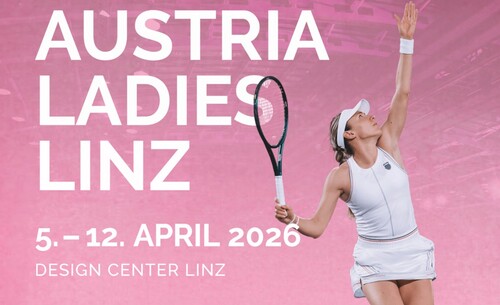 Sujet der Upper Austria Ladies, man sieht eine Tennisspielerin mit einem Schläger, daneben sind Titel, Ort und Datum der Veranstaltung
