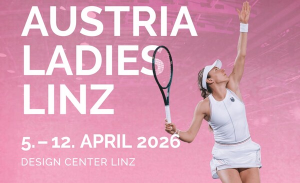 Sujet der Upper Austria Ladies, man sieht eine Tennisspielerin mit einem Schläger, daneben sind Titel, Ort und Datum der Veranstaltung