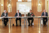 LAbg. Johann Hingsamer, Präsident des OÖ. Gemeindebundes, Landesrat Ing. Wolfgang Klinger, Landeshauptmann-Stellvertreter Dr. Manfred Haimbuchner und Landesrat Max Hiegelsberger bei der Pressekonferenz in den Redoutensälen