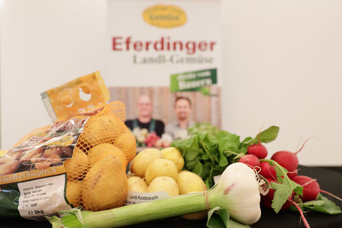 Erdäpfel, Radieschen und Knoblauch auf einem Tisch, im Hintergrund Plakat der Eferdinger Landl Erzeugergemeinschaft