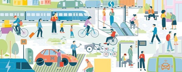 Illustration verschiedener Möglichkeiten für Mobilität im städtischen Bereich; Menschen auf Fahrrädern, zu Fuß, im Auto, an der Haltestelle; im Hintergrund die S-Bahn.