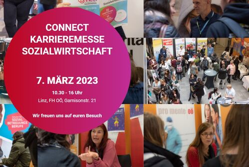 Screenshot Startseite Homepage Messe Connect, großer Button mit Beschriftung Connect Karrieremesse Sozialwirtschaft 7. März 2023, wir freuen uns auf euren Besuch. Dahinter Bilder mit verschiedenen Szenen zur Messe, Menschen an Messeständen im Gespräch usw.