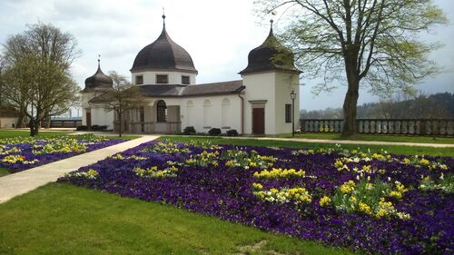 Gebäude, zwei Bäume und eine Blumenanlage