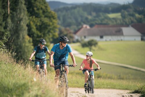 Drei Personen in Radmontur auf Mountainbikes in einer Landschaft mit Bauernhof, Wälder, Wiesen