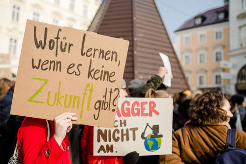 Situation bei einer Demonstration der „Fridays for Future“-Bewegung in Linz, Jugendliche halten Schilder mit Parolen hoch