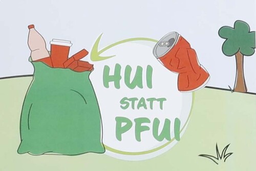 Illustration der Aktion: Zerquetschte Aludose fällt in einen vollen Müllsack, Beschriftung: Hui statt pfui