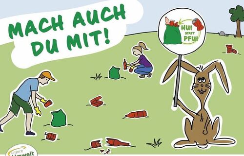 Illustration von Kindern auf einer Wiese, die Müll einsammeln, Aufschrift Mach auch Du mit! Ein Hase hält ein Schild mit Aufschrift Hui statt Pfui