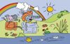 1 Illustration aus der Kinderrechte Zeitung 45/2021, gezeichnetes Bild einer Landschaft, Regenbogen, Häschen