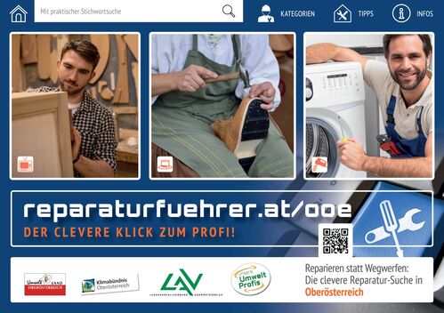 Folder mit der Aufschrift reparaturfuehrer.at/ooe – der clevere Klick zum Profi! und Bilder von verschiedenen Reparaturarbeiten