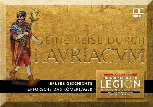 Cover interaktives Forscherheft, stilisierter Römer, Aufschrift Eine Reise durch Lauriacum - Erlebe Geschichte - Erforsche das Römerlager