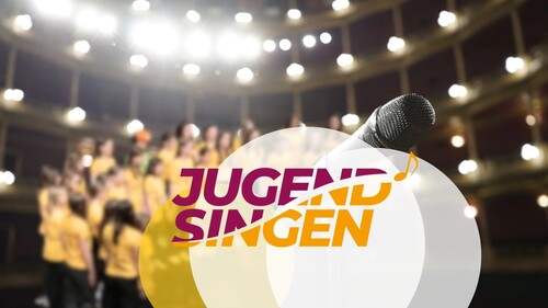 Sujet des Bundesjugendsingens, Schriftzug mit Jugendsingen, Mikrofon und im Hintergrund ein Chor.