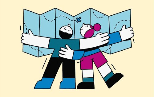Grafik von zweier jungen Menschen, die sich vor einem aufgefalteten Stadtplan umarmen; auf dem Plan ist ein blaues X als Ziel markiert.
