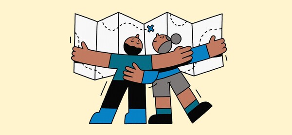 Grafik von zwei Personen, die sich vor einem aufgefalteten Stadtplan umarmen; auf dem Plan ist ein blaues X als Ziel markiert.