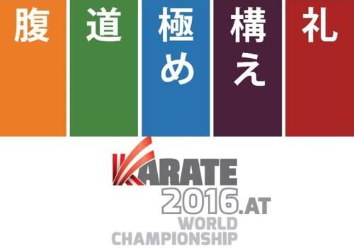 Logo zur Karate-WM 2016 und fünf verschiedene Symbole für Zentrum, Weg, Entscheidung, Bereitschaft und Gruß